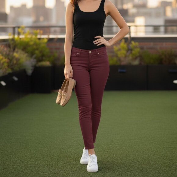 Zara Women's Skinny Jeans Coloured denim Slim Mid rise Maroon burgundy size 2 - Picture 3 of 16